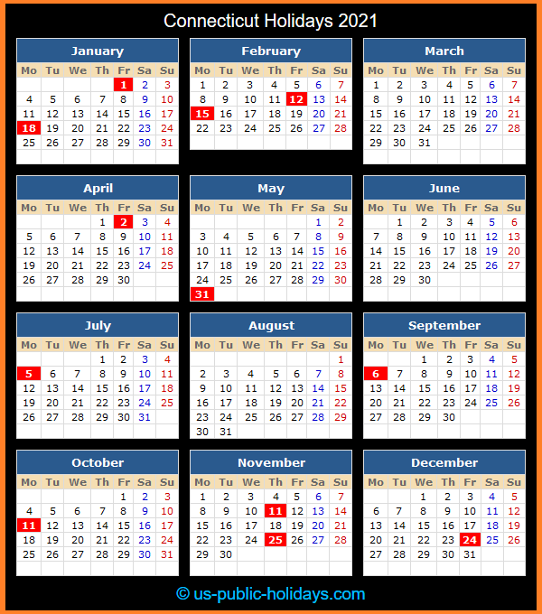 Connecticut Holiday Calendar 2021